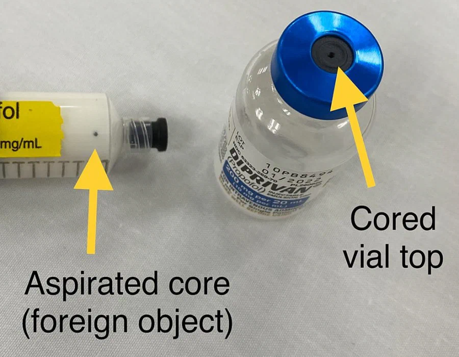 Depiction of rubber seal broke off in syringe.
